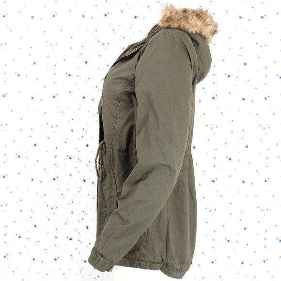 Olive Faux Fur Hooded Sherpa Lined Utility Jacket - Picture 9 of 16